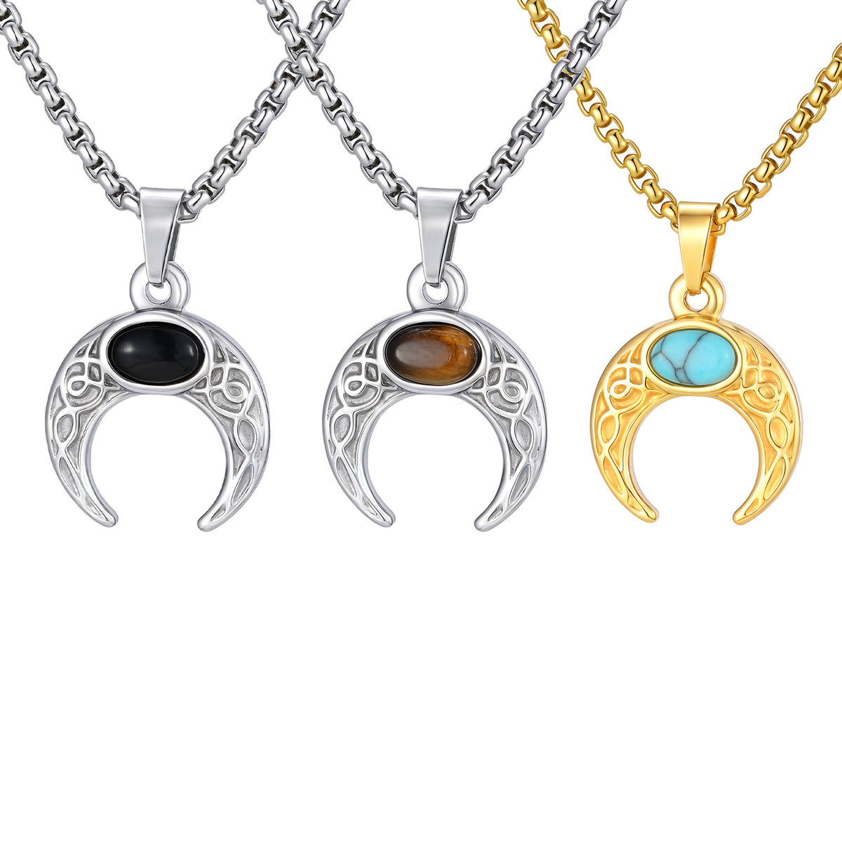 Men's Stainless Steel Turquoise Moon Pendant Necklace