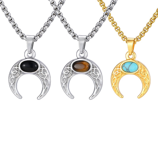 Men's Stainless Steel Turquoise Moon Pendant Necklace