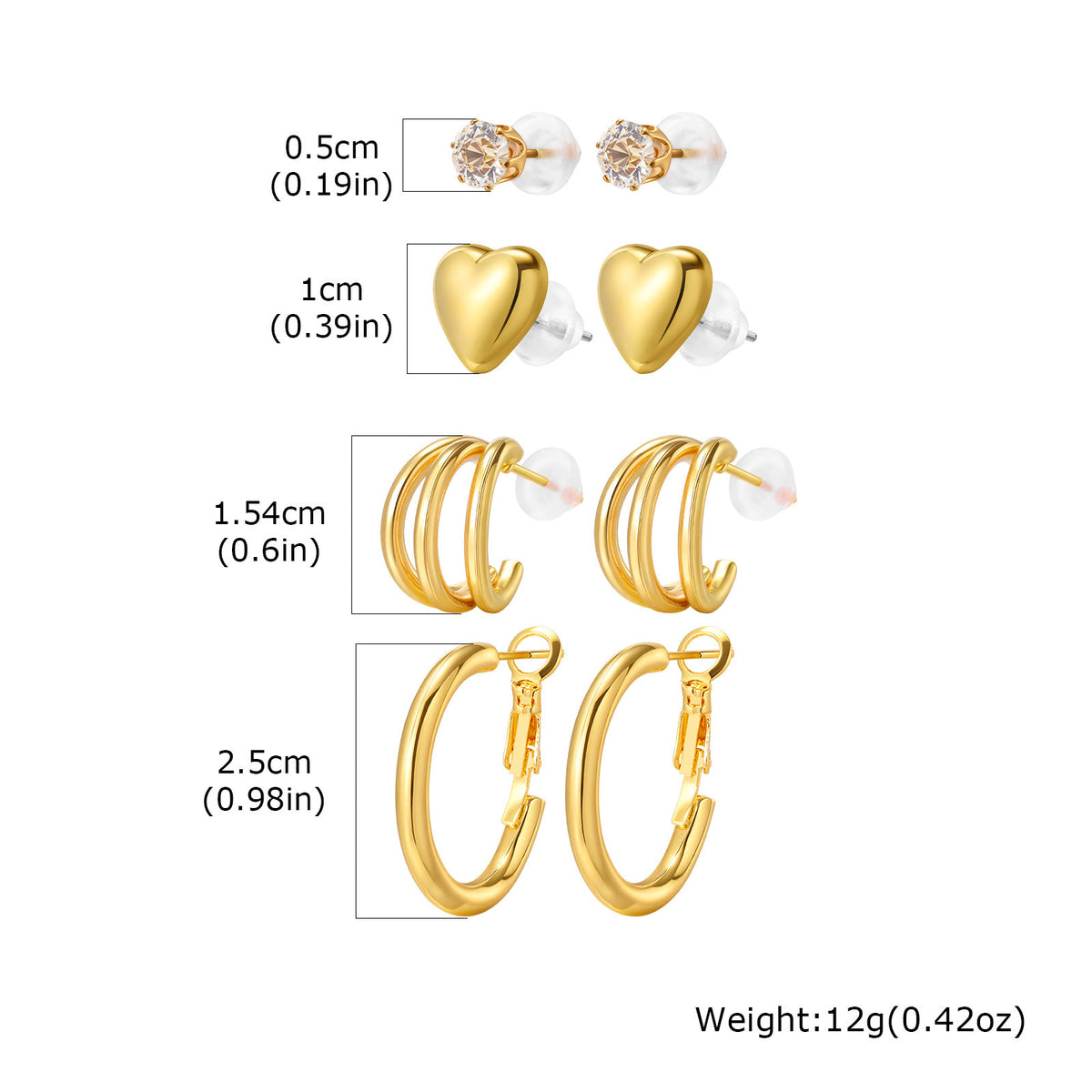 Zircon & Pearl Heart Earring Set — Four Pieces