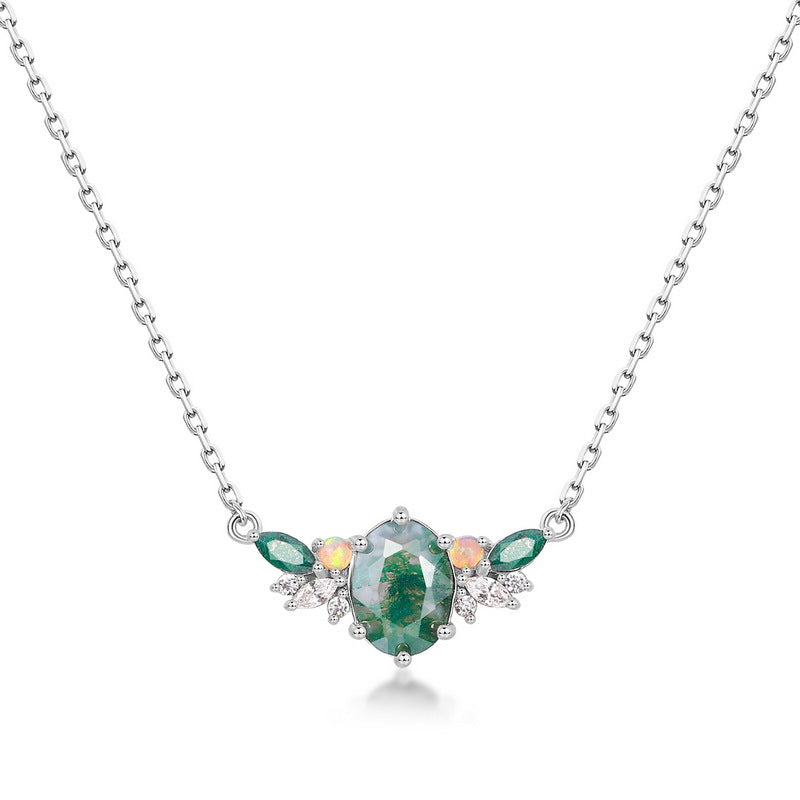 S925 Sterling Silver Moss Agate Pendant Necklace