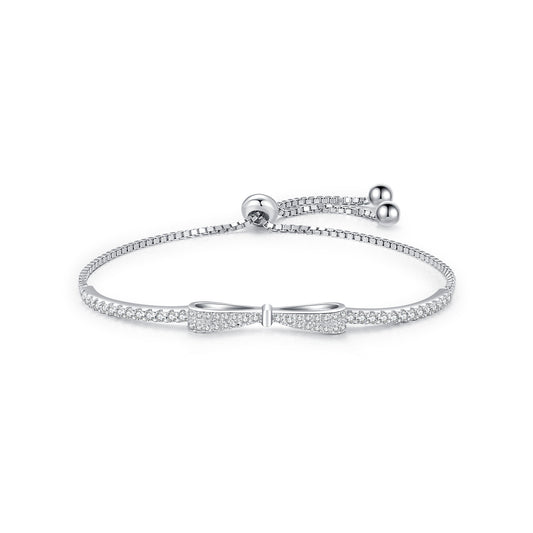 Elegant 925 Sterling Silver Bow Bracelet with Full Zircon Box Chain Embellishment