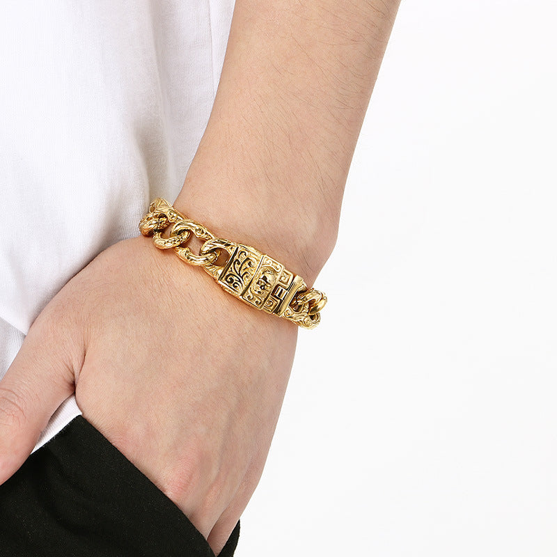 Dark Flower Pattern – Smearing Skull Buckle Cuban Chain Titanium Bracelet