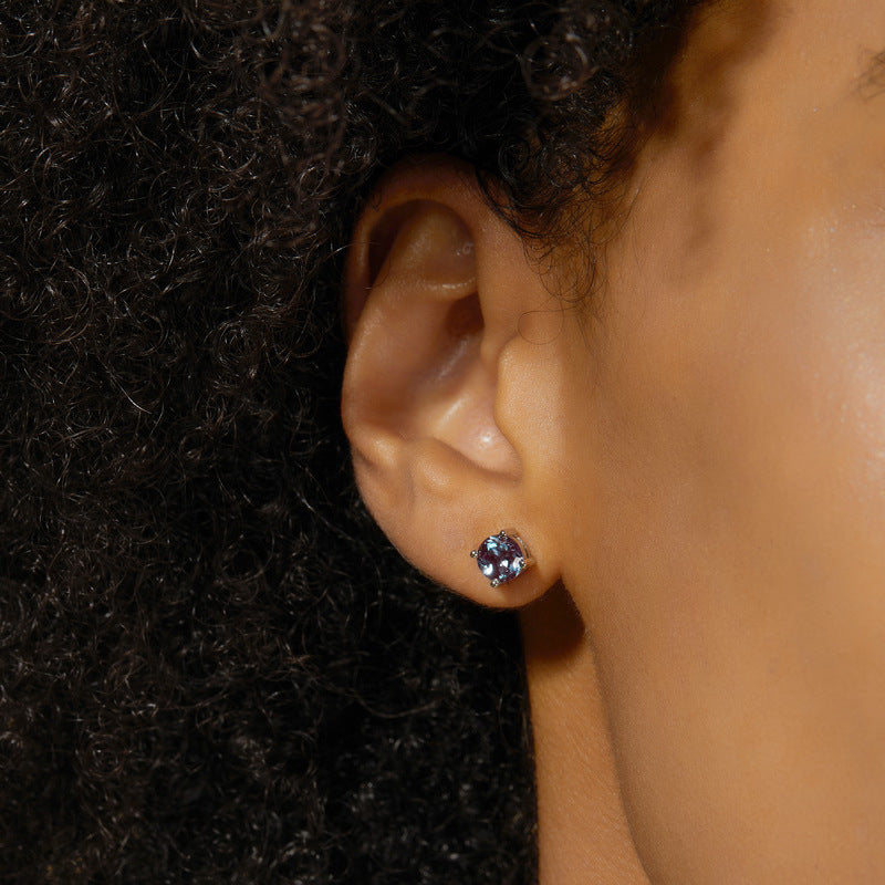 S925 Sterling Silver Moss Agate & Lab-Grown Alexandrite Minimalist Stud Earrings