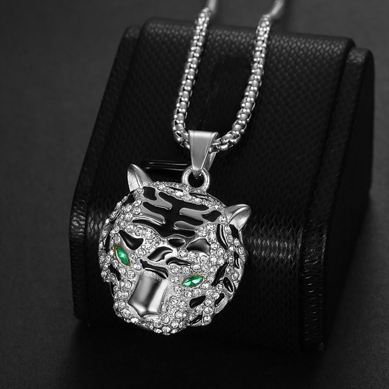 Titanium Steel Necklace – Luxury Gold-Plated Rhinestone Tiger Head Pendant For Everyday Hip Hop Style
