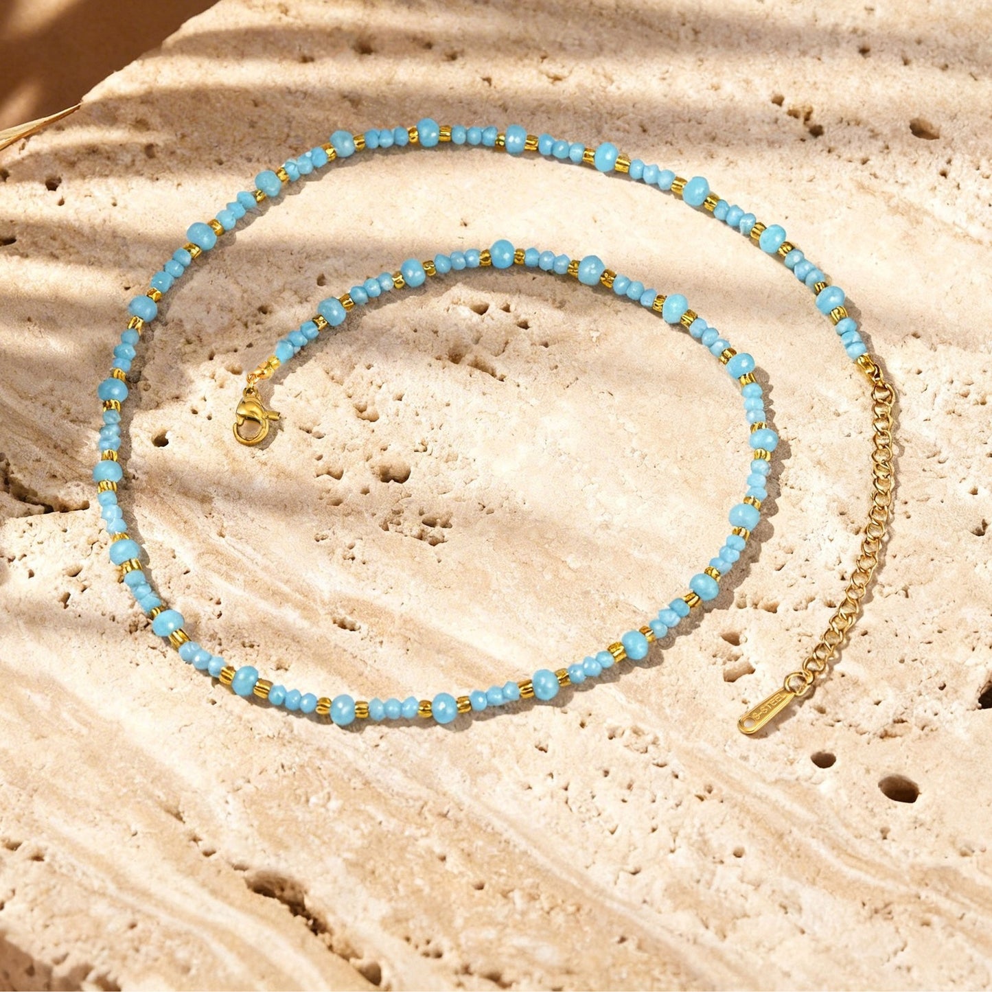 Stainless Steel Blue Rice Bead Gold Bead Necklace Neck Chain Beaded Summer Vacation