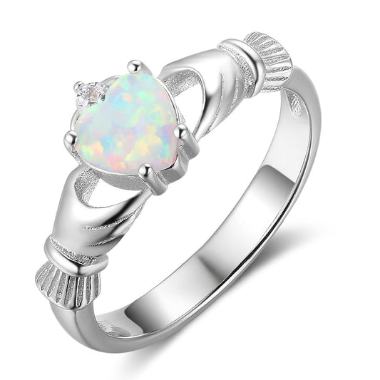 Planderful Jewelry Opal Ring Sterling Silver Ring, Hand Holding Love Design, Everyday Genie