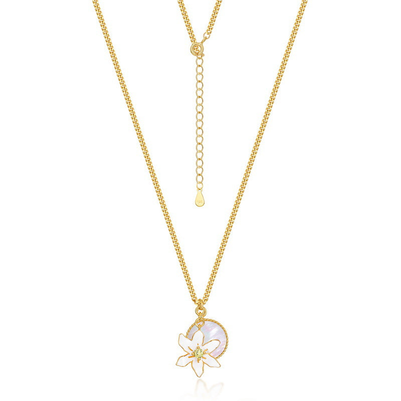 White Daffodil Round Mother of Pearl Sterling Silver Necklace