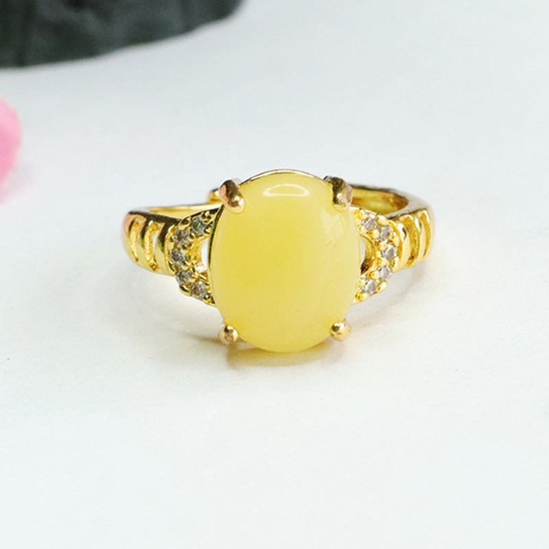 Organic Sterling Silver Beeswax Amber Ring with Zircon Accents in Ethnic Style