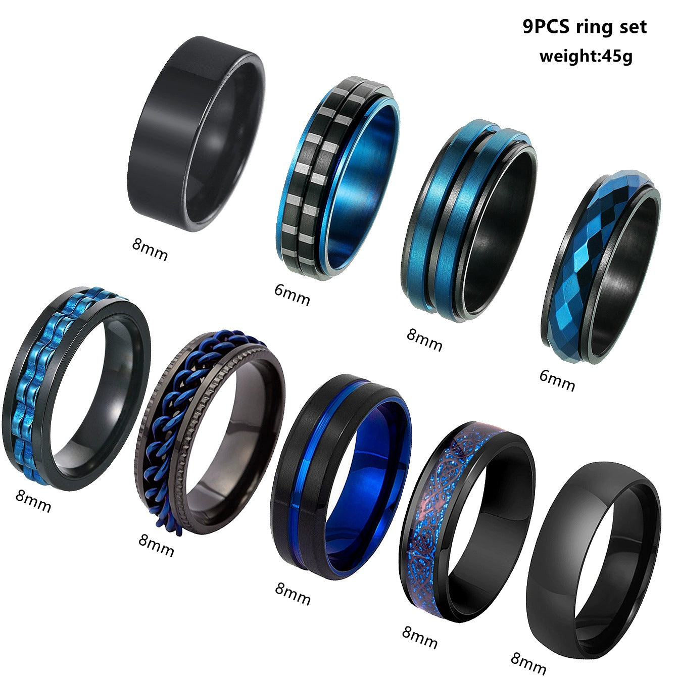 Planderful Decompression Ring For Men Rotatable 9 Piece Set