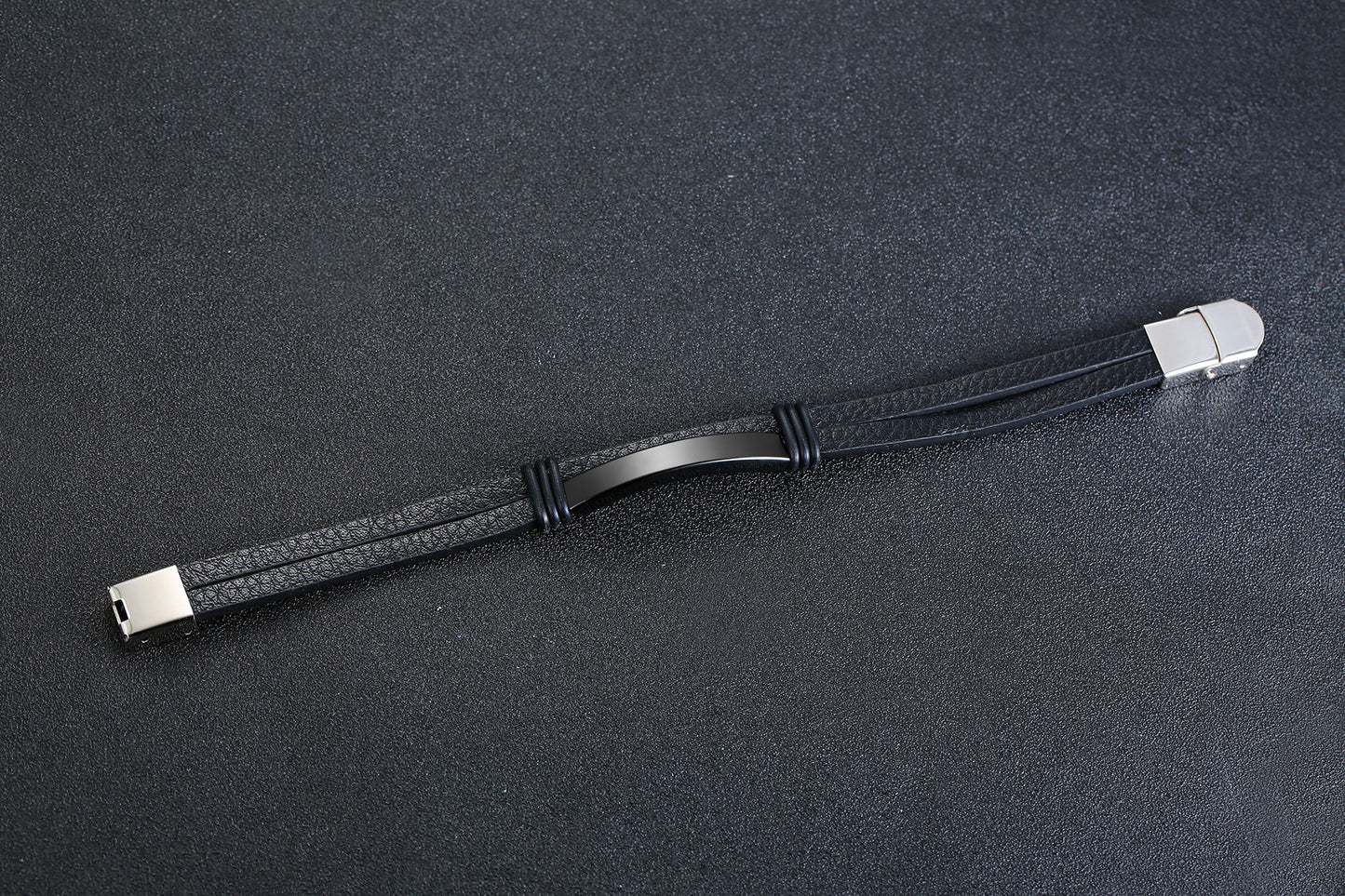 AliExpress Amazon Hot-Selling Black Stainless Steel Men's Bracelet Double Leather Bracelet Spot for Men