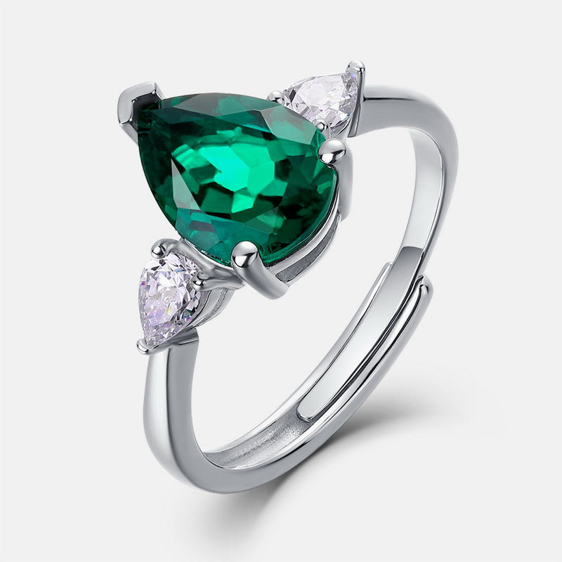 Planderful Jewelry Lab Grown Emerald Ring In S925 Sterling Silver Pear Shape Water Drop Design