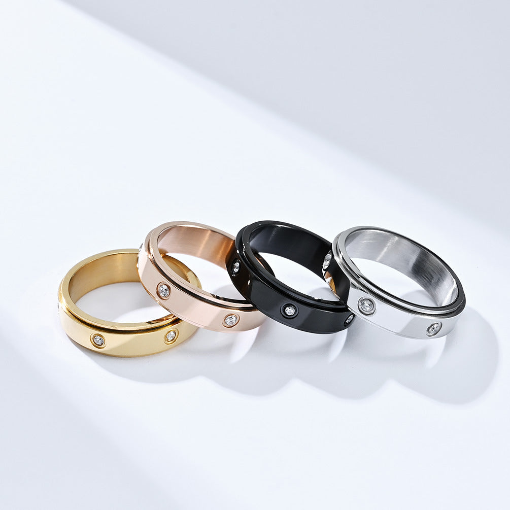 Planderful Zircon Inlaid Titanium Steel Rotating Ring For Men And Women Light Luxury Anxiety Relief Jewelry