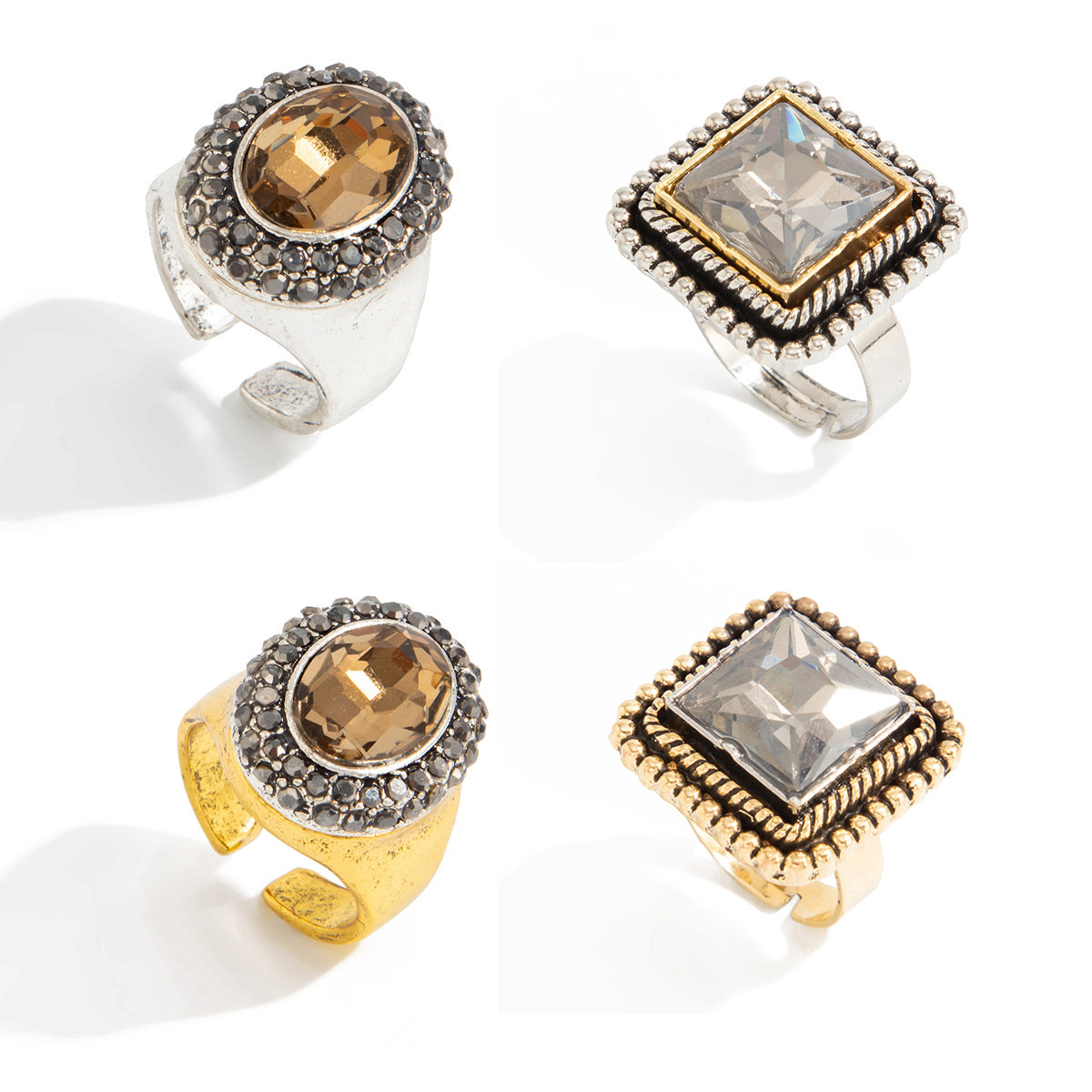 Planderful Vienna Verve Vintage Geometric Inlaid Zircon Open Ring Handcrafted Statement Jewelry For Women