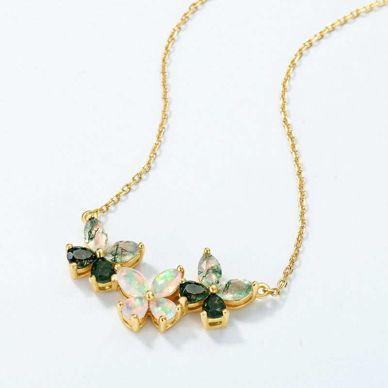 S925 Sterling Silver Gold-Plated Moss Agate Petal Pendant Necklace