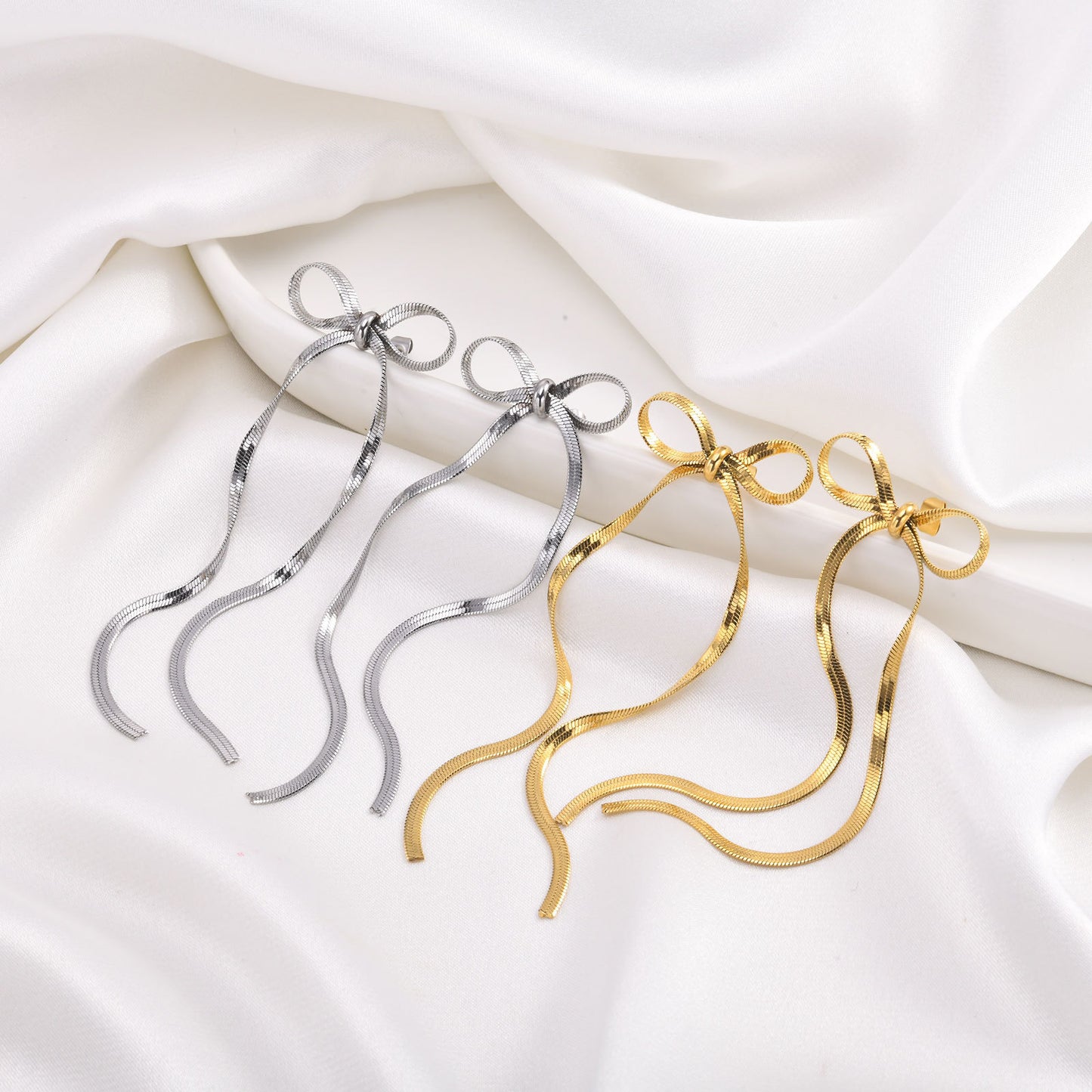 Earrings French Fashion Fringed Earrings Stainless Steel Bow