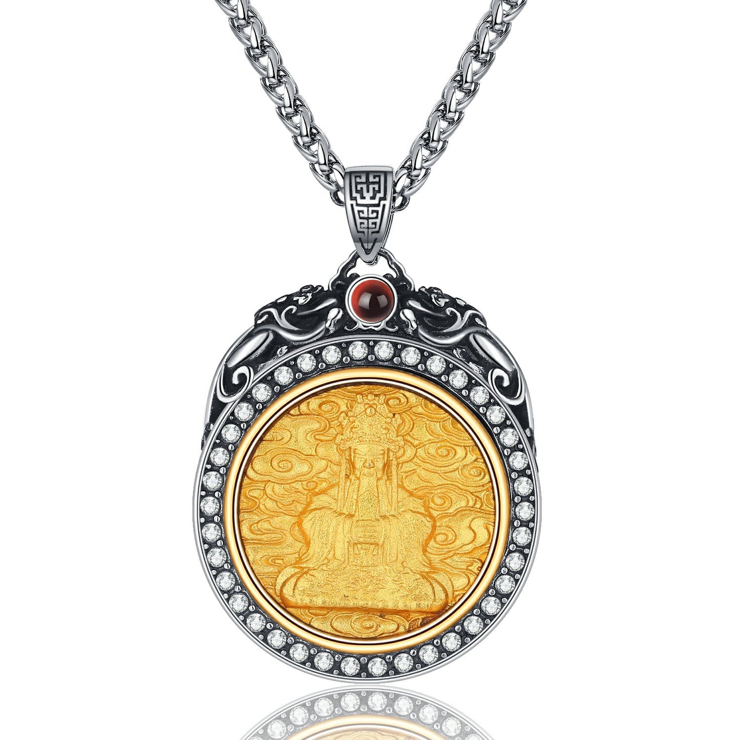 Steel Necklace – Elegant Long Pixiu Ethnic Stone Inlaid Design With Wutai Mountain Motif For Men