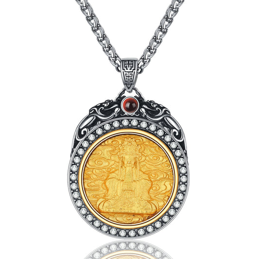 Steel Necklace – Elegant Long Pixiu Ethnic Stone Inlaid Design With Wutai Mountain Motif For Men