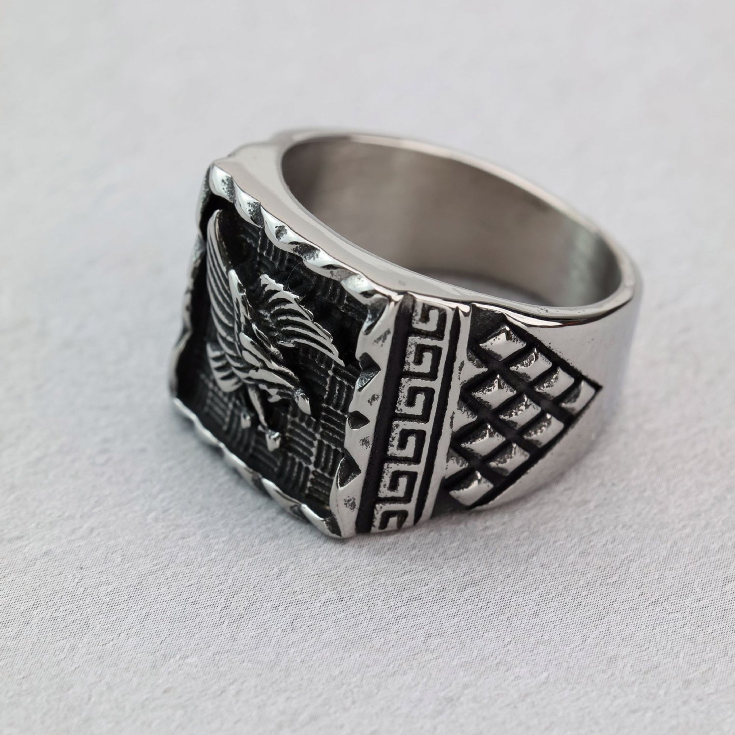 Stainless Steel Eagle Ring Great Wall Pattern Unisex Retro Square Timeless Bold Jewelry By Planderful