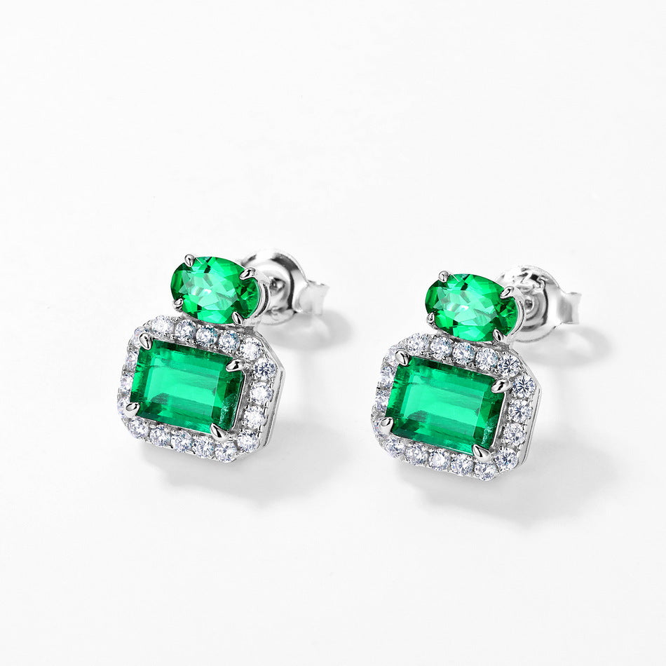 S925 Sterling Silver Lab-Grown Emerald Square Stud Earrings