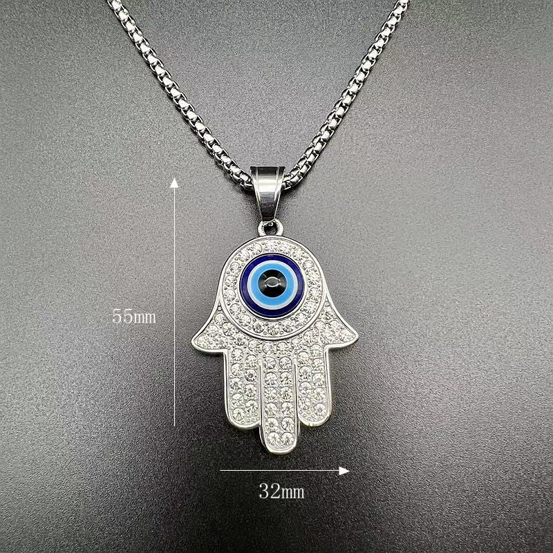 Planderful Fatima Hand Necklace Gold Plated Titanium Steel Rhinestone Blue Eye Hip Hop Pendant For Fashion Lovers