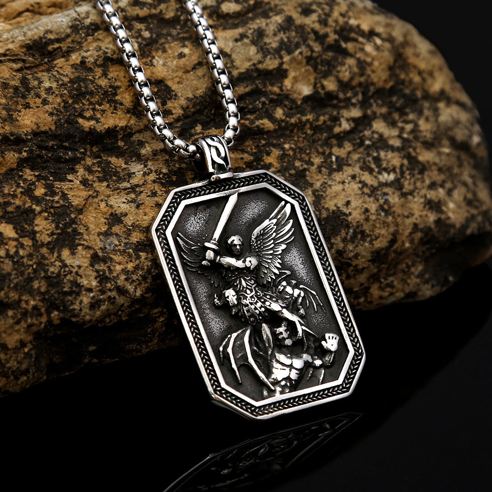 Titanium Steel Men's Retro Angel Guardian Pendant Necklace