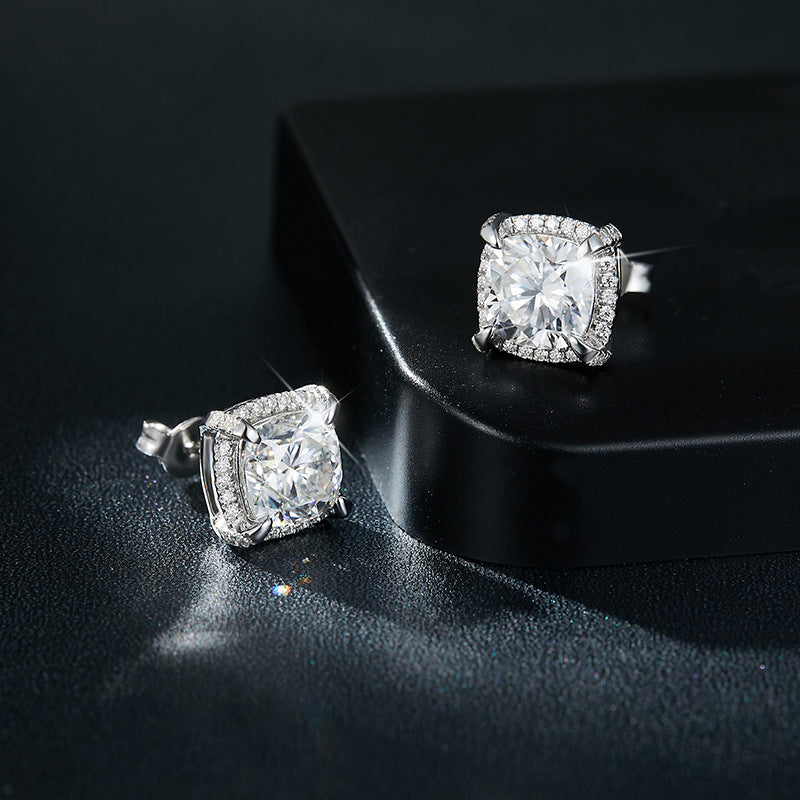 Planderful Moissanite Halo Stud Earrings 8mm Princess Cut Square S925 Silver For Her