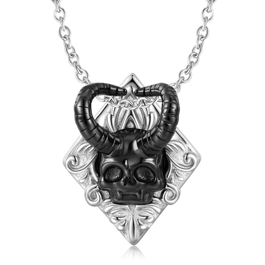 Halloween Ox Horn Skull Head Rhombus Pendant Silver Necklace