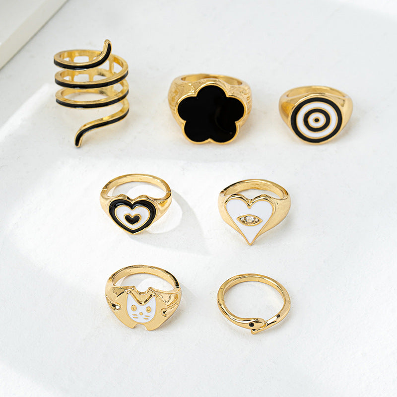 Stylish Metal Clover Love Snake Cat Ring Set for Women