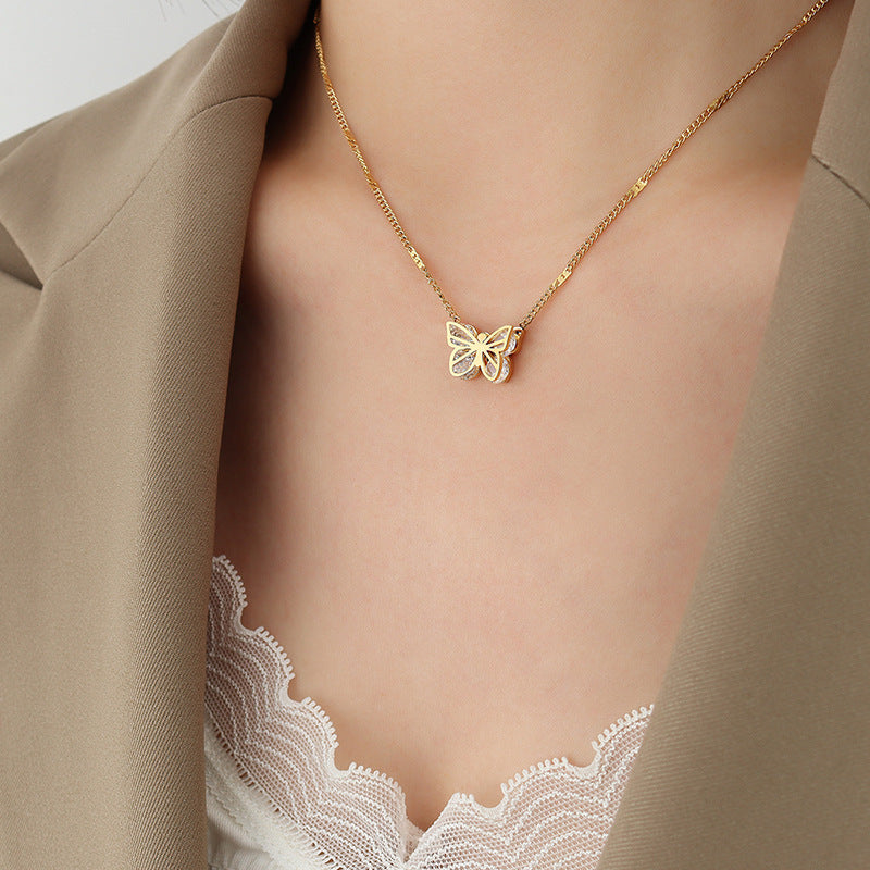 Luxurious Butterfly Zircon Gold-Plated Necklace with Titanium Steel Chain