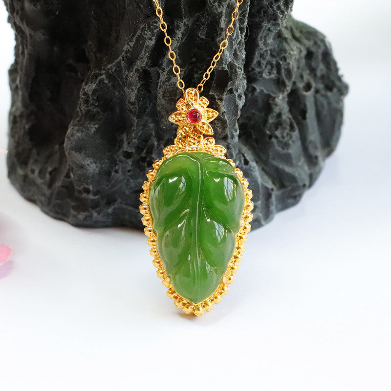 Jewelry Necklace Featuring Jasper Leaf Red Zircon Pendant with Authentic Hetian Jade