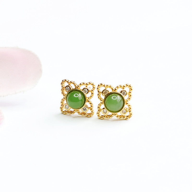 Sterling Silver Jade Floral Stud Earrings