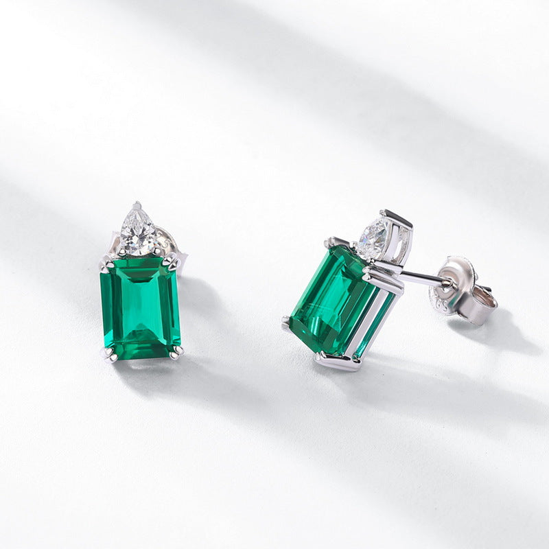 S925 Sterling Silver Lab-Grown Emerald Minimalist Stud Earrings