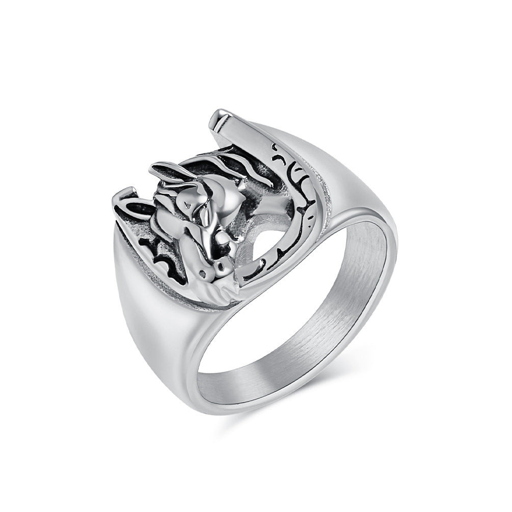 Planderful Personalized Retro Horse Head Titanium Steel Ring For Hip Hop And Hipster Style