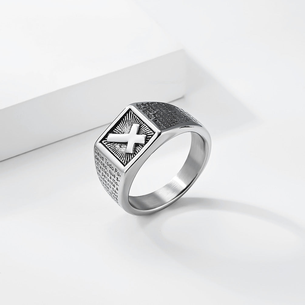 Planderful Scripture Cross Ring For Men Titanium Steel Fade Resistant Vintage Streetwear Style