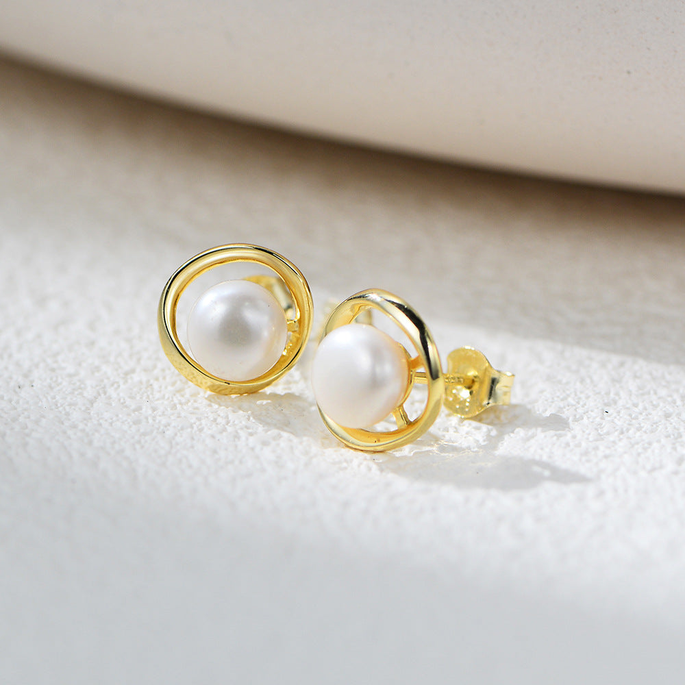 Planderful Natural French Round Pearl Stud Earrings In Sterling Silver For Women Versatile Elegant Everyday Accessory