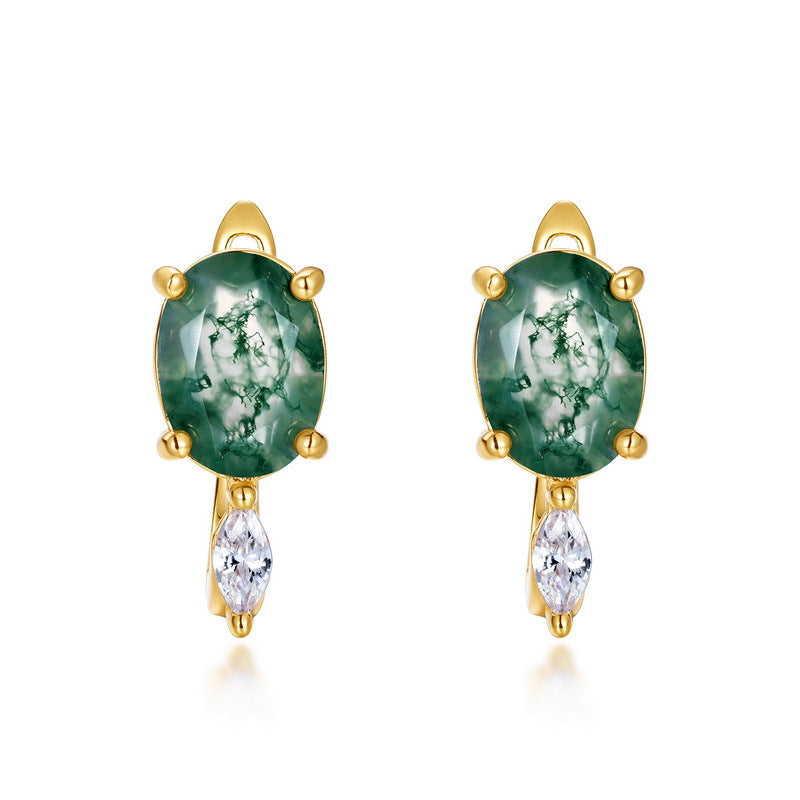 S925 Sterling Silver Moss Agate Minimalist Stud Earrings