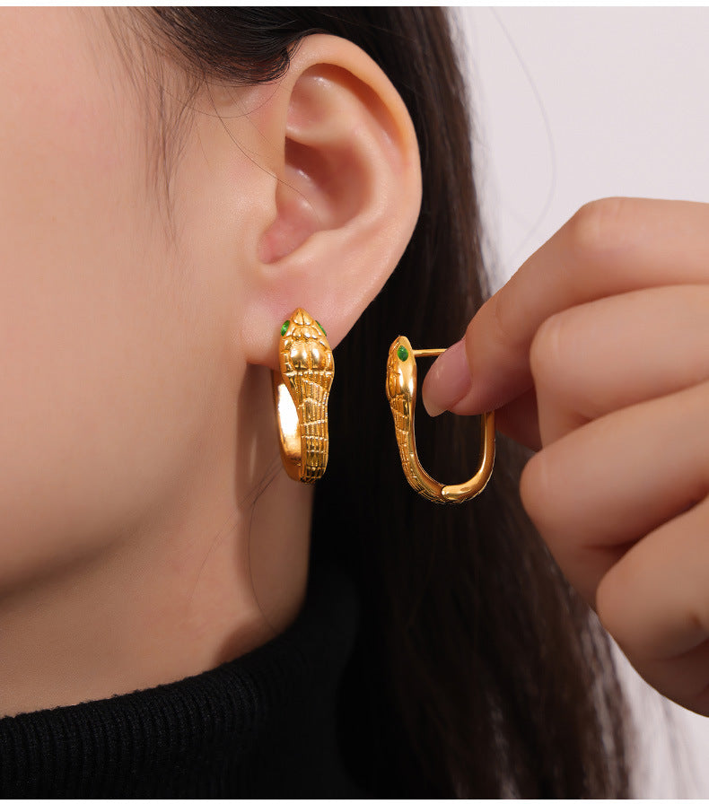 Snake Charm Geometric Diamond Earrings - Titanium Steel U-Shaped Design