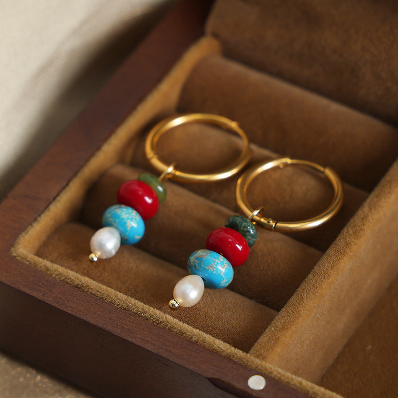 European Chic Stone Bead Pendant Earrings in Gold for Women's Jewelry