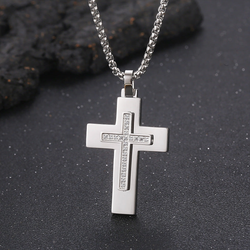 Popular, Cnc Zircon Double-Layer Cross Square Pearl Men's Stainless Steel Necklace