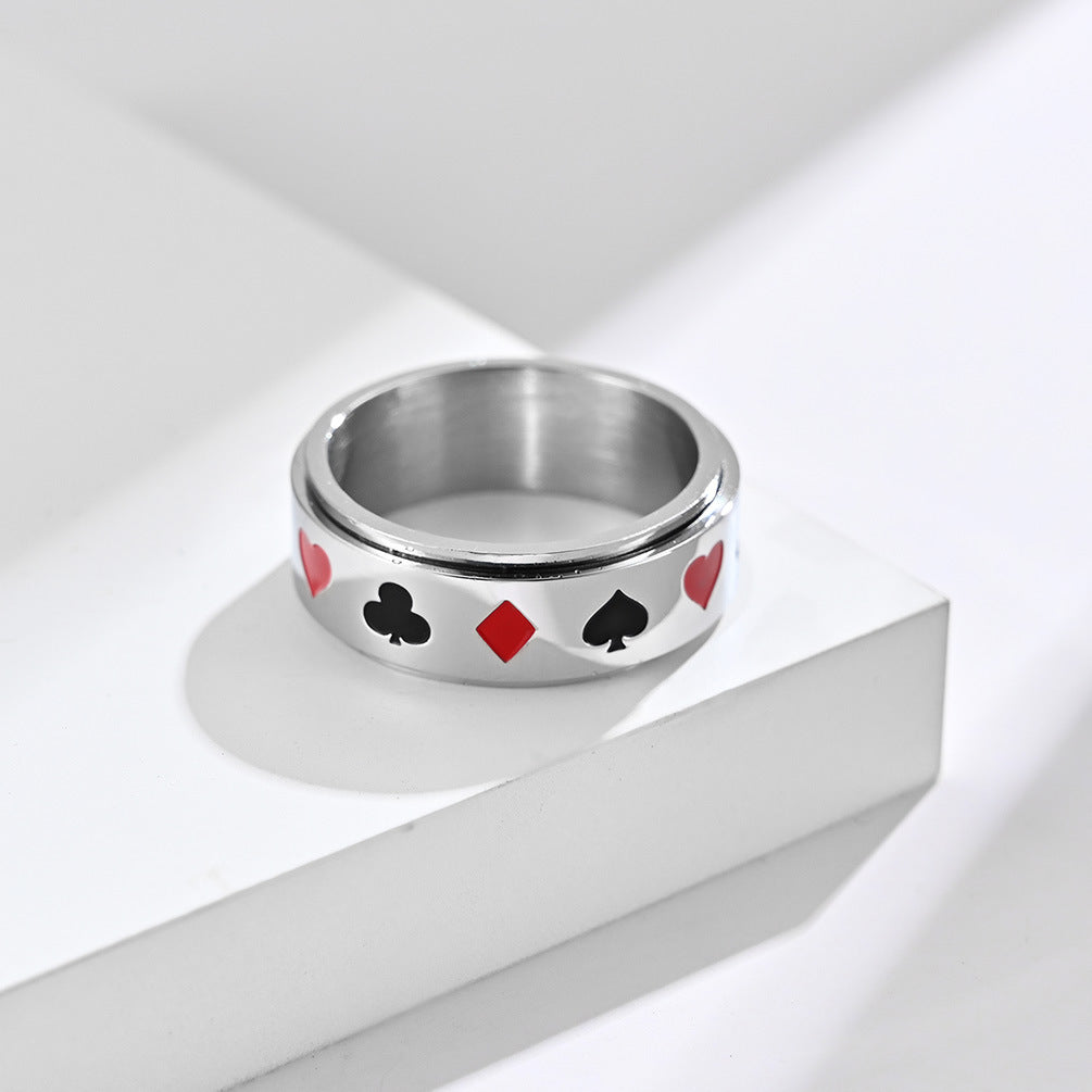 Planderful Spinner Ring Titanium Steel Rotatable Playing Card Spades Hearts Plum Blossom For Card Lovers Size 7 To 12