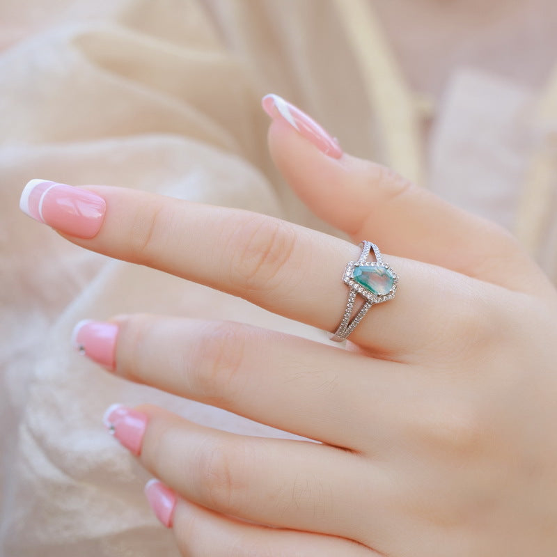 S925 Sterling Silver Moss Agate Shield Ring