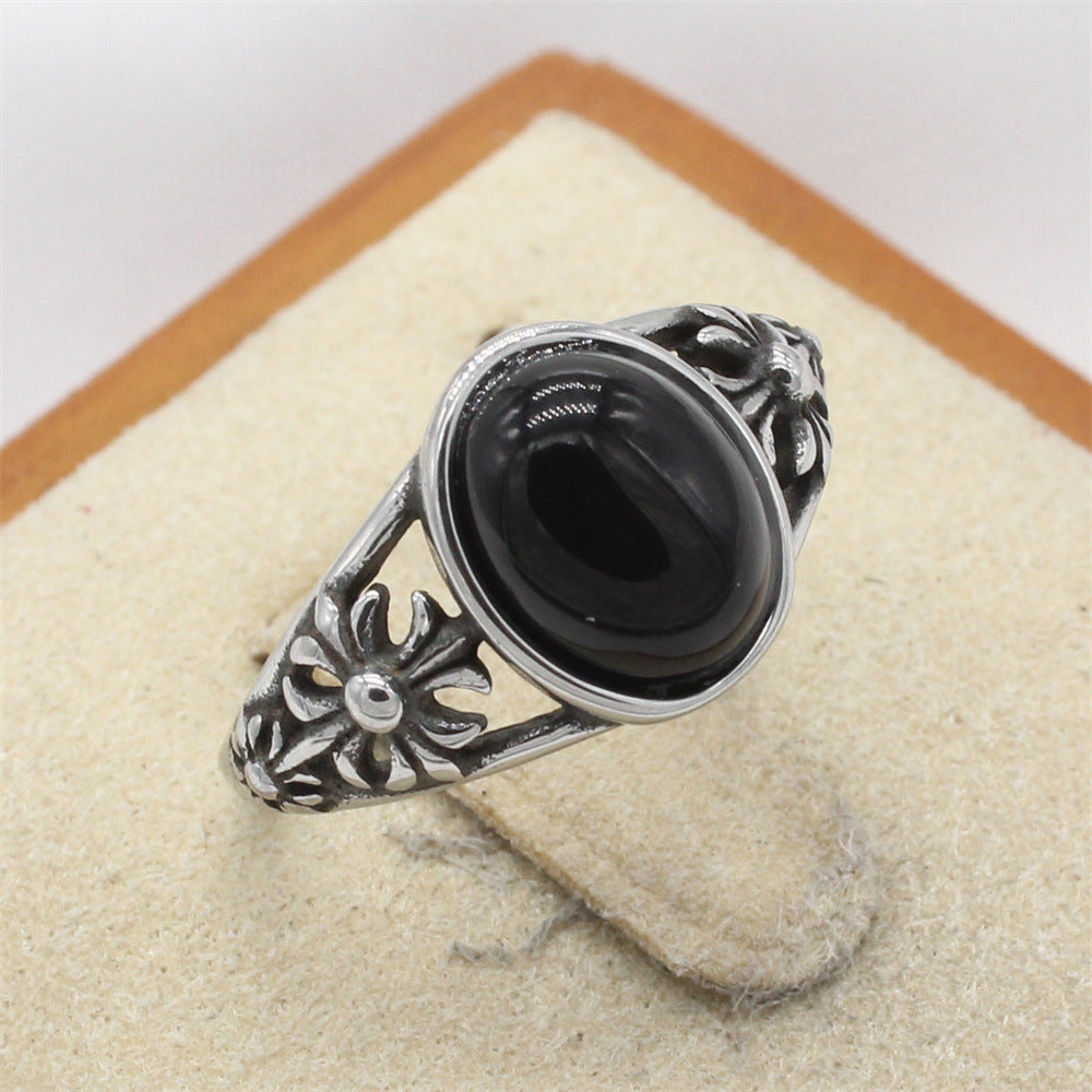 Planderful Titanium Steel Ring For Men Unisex Retro Cross Flower Oval Stone Durable