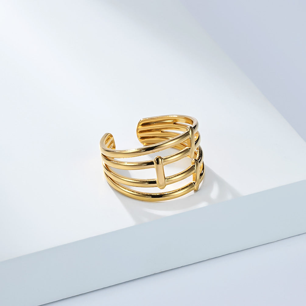 Planderful Geometric Stainless Steel Open Ring For Women Gold Plated Adjustable Fashion Jewelry