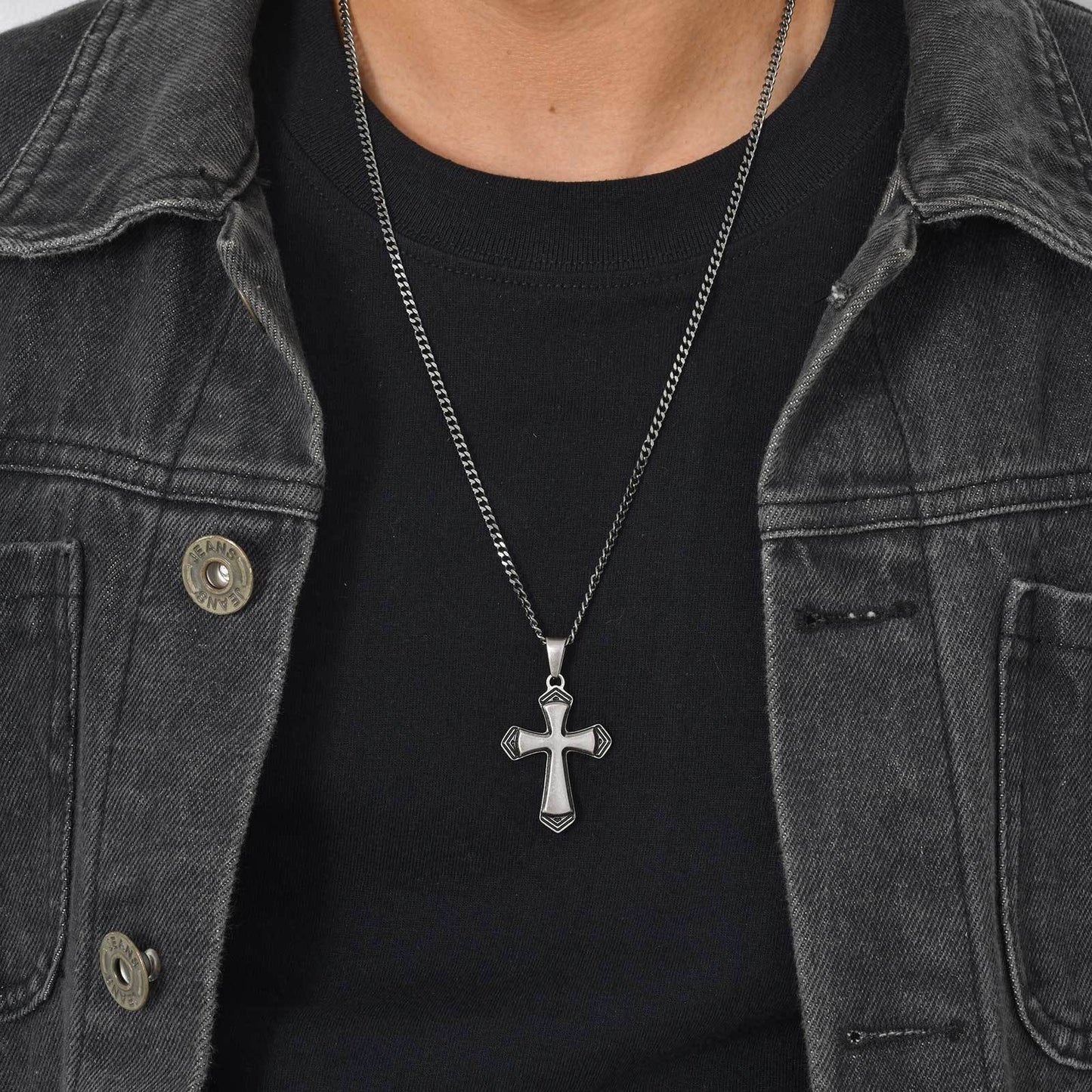 Stainless Steel Baked Black Lacquer Cut Cross Pendant Necklace