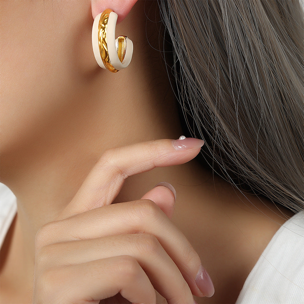 Exaggerated Retro Titanium Steel Earrings with Gold-Plated Semi-Circular Glaze