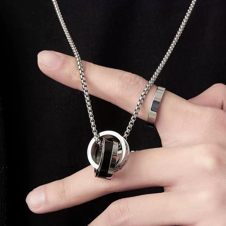 Planderful Everyday Genie Titanium Steel Double Hoop Ring Necklace For Men Crystal Pendant Trendsetting Accessory