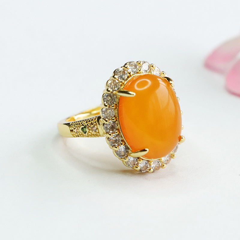 Luxurious Beeswax Amber Sterling Silver Ring with Zircon Halo
