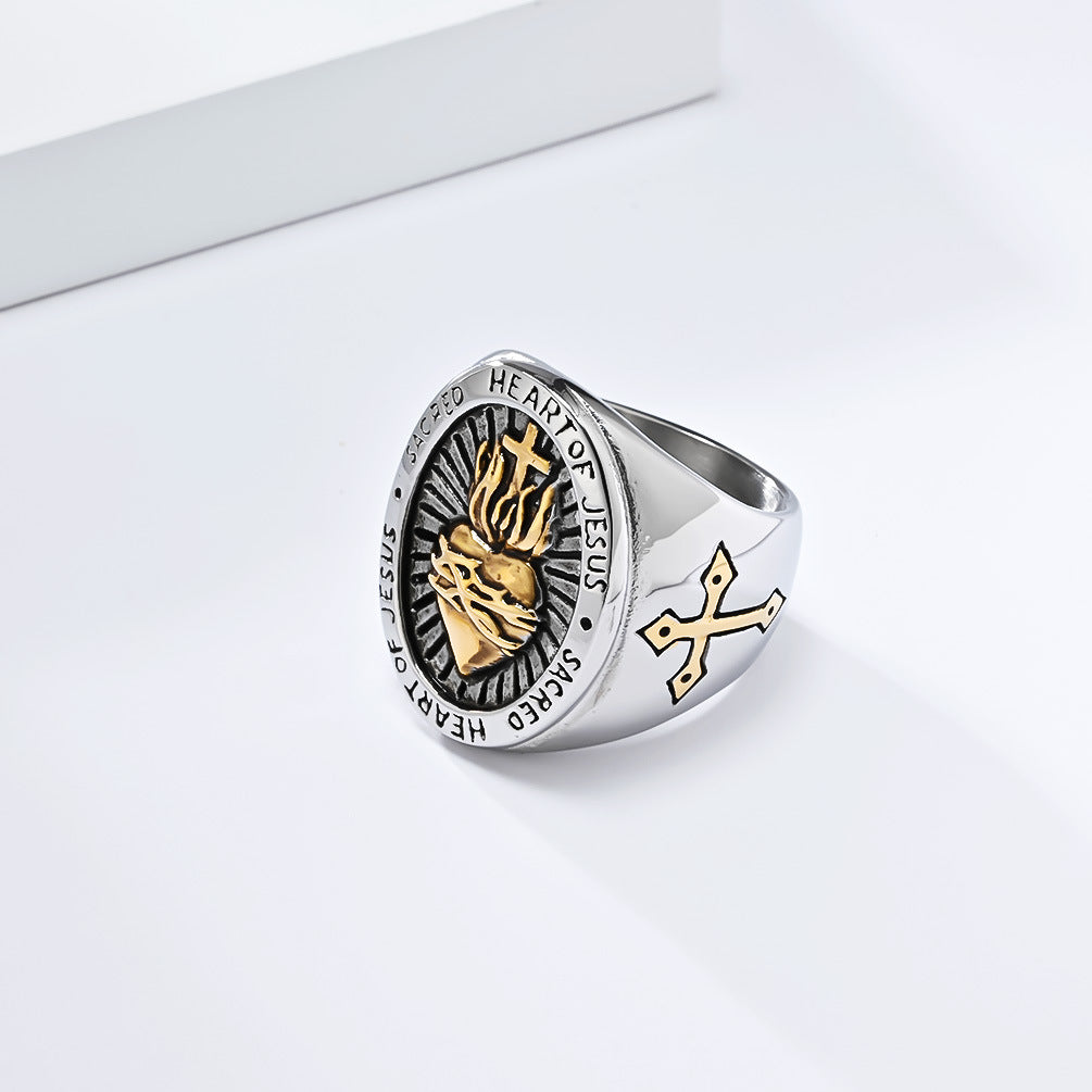 Titanium Steel Cross Ring for Men with Heart Design