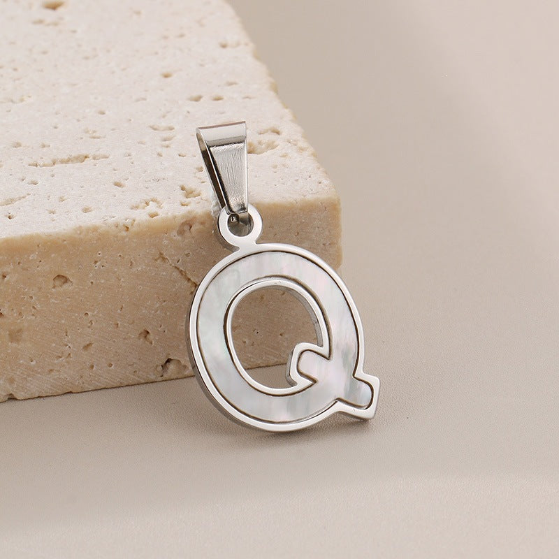 Women's'S Titanium Steel 26-Letter Pendant, White Fritillary Inlaid Stainless Steel Necklace