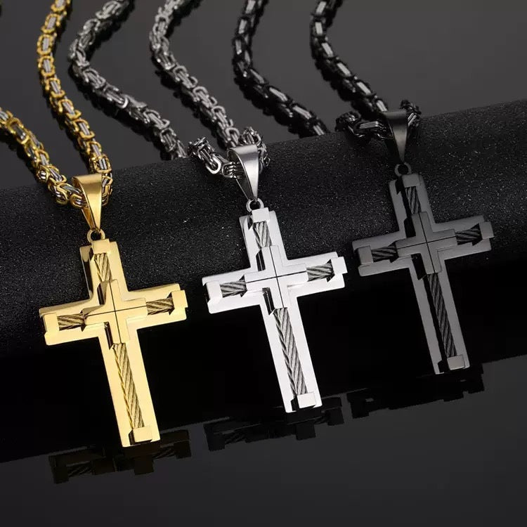 Planderful Mens Stainless Steel Cross Necklace With Wire Rope Chain For Men Everyday Wear Bold Masculine Pendant